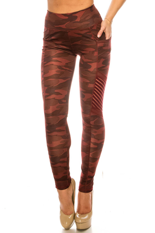 BULK BURGUNDY CAMOUFLAGE SERRATED MESH HIGH-WAIST SPORT LEGGINGS ...