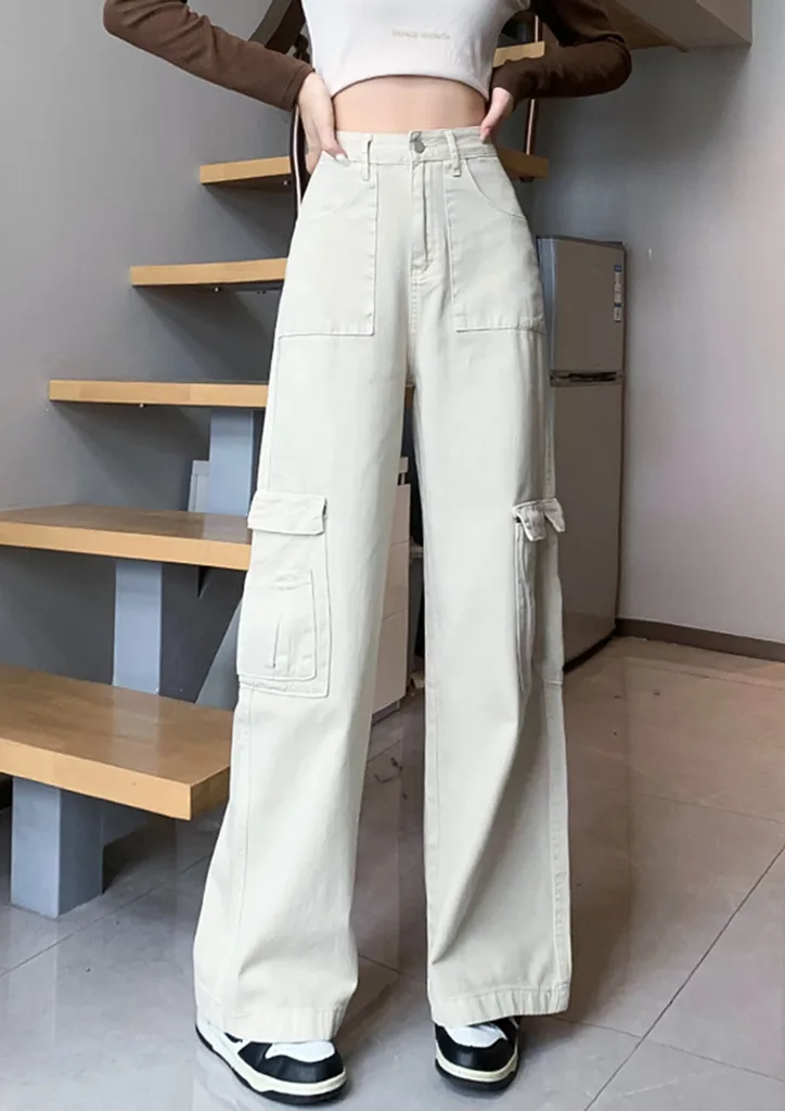 Saashi Women's Cotton High Street Cargo Pants High Waist Ribbon Wide Leg